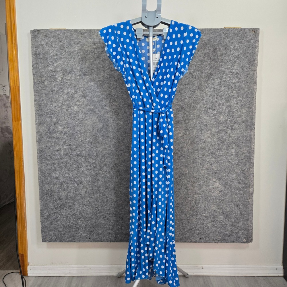Seven Islands Womens Blue Polka Dot Ruffle Wrap Maxi Dress 1X